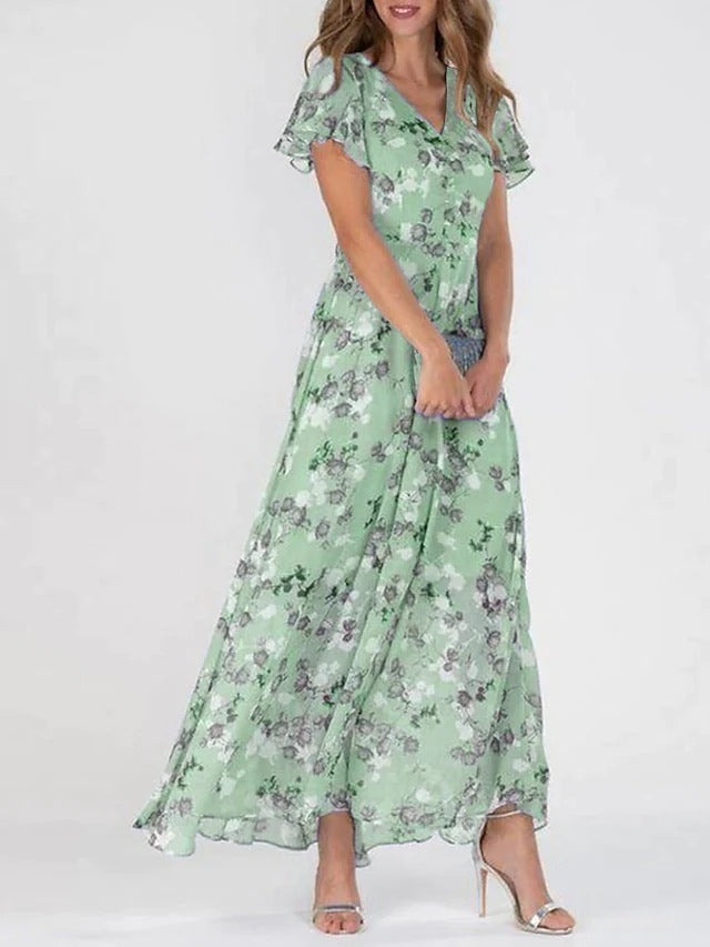 Women's Pink Floral Maxi Dress – Elegant Summer Chiffon Dress with Flutter Sleeves