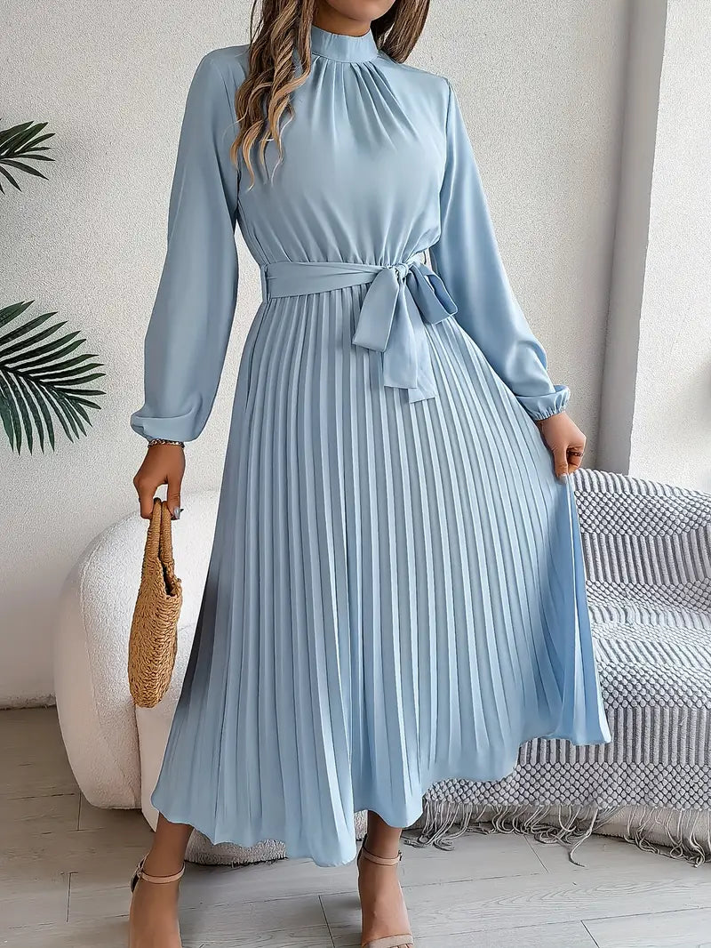 Women's Long-Sleeve Pleated Midi Dress With Belted Waist