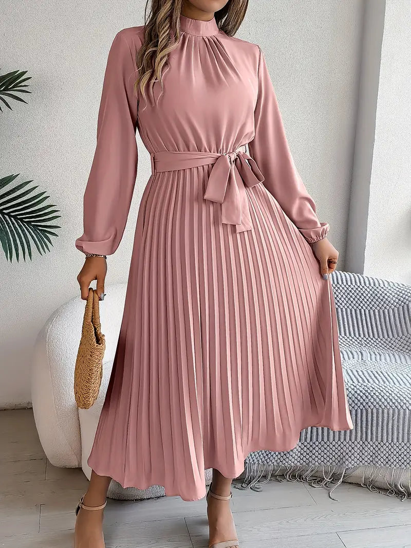 Women's Long-Sleeve Pleated Midi Dress With Belted Waist