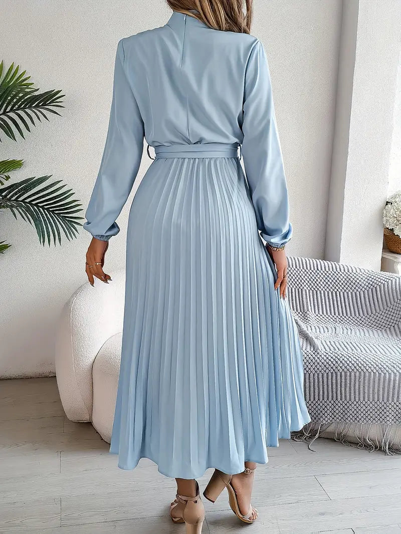 Women's Long-Sleeve Pleated Midi Dress With Belted Waist