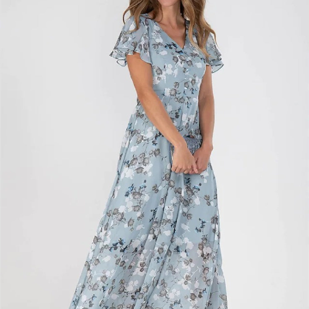 Women's Pink Floral Maxi Dress – Elegant Summer Chiffon Dress with Flutter Sleeves