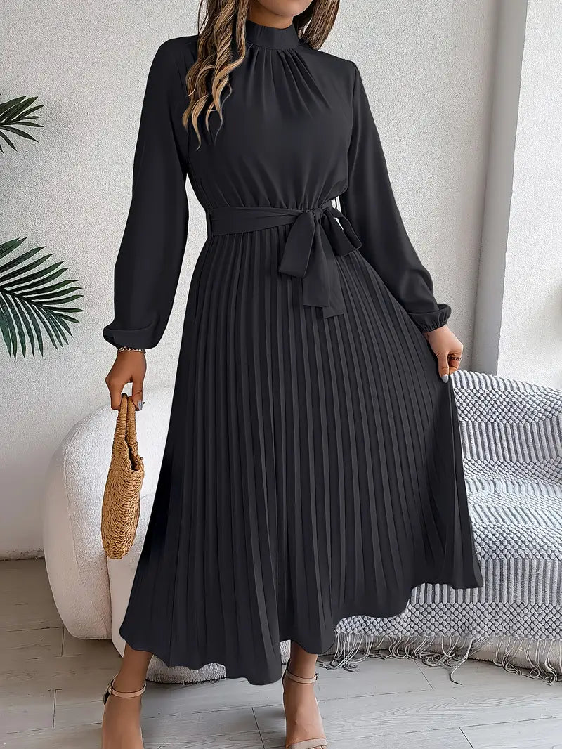 Women's Long-Sleeve Pleated Midi Dress With Belted Waist
