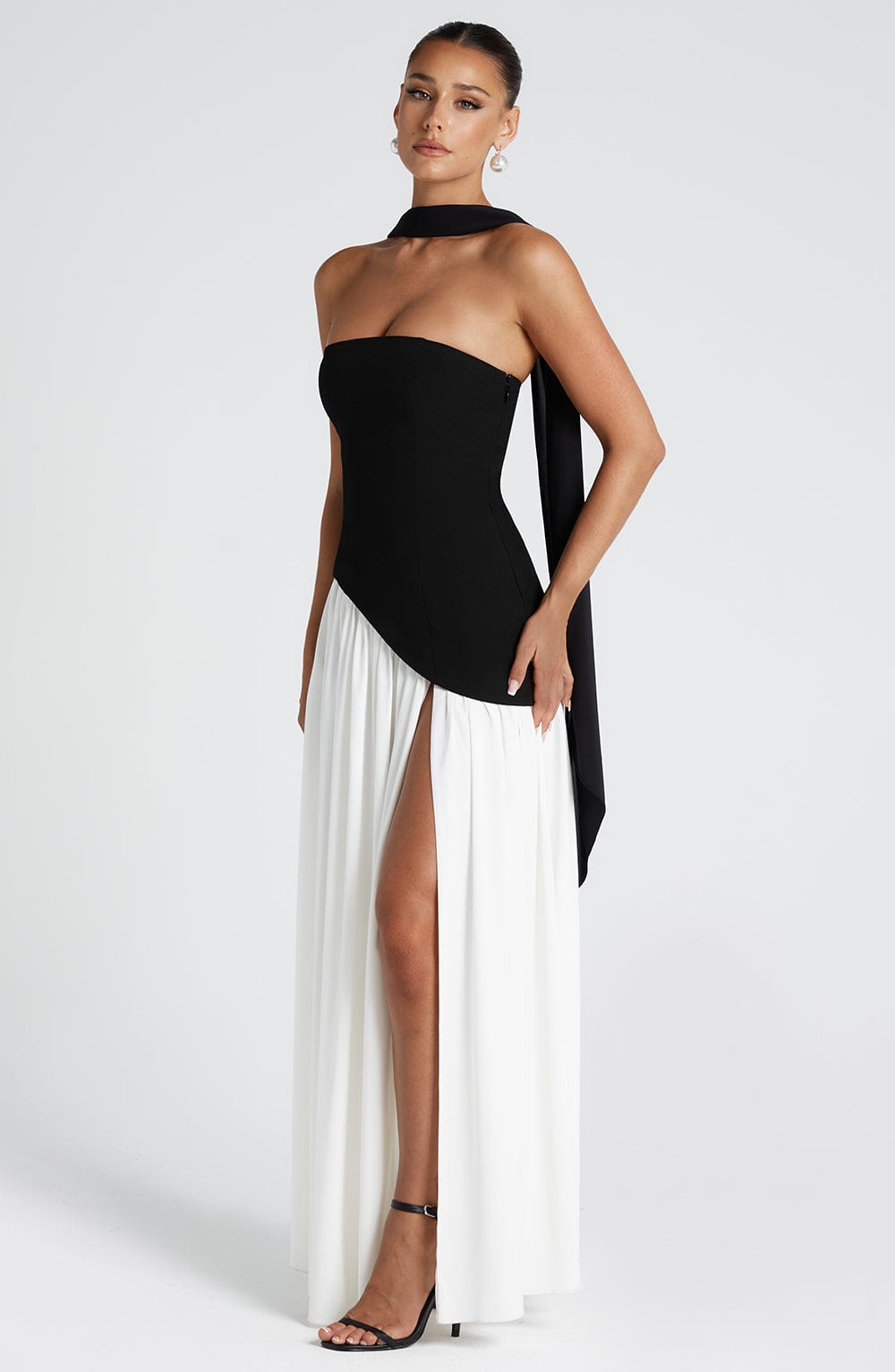 Women's Strapless Maxi Dress with High Slit and Asymmetric Waist